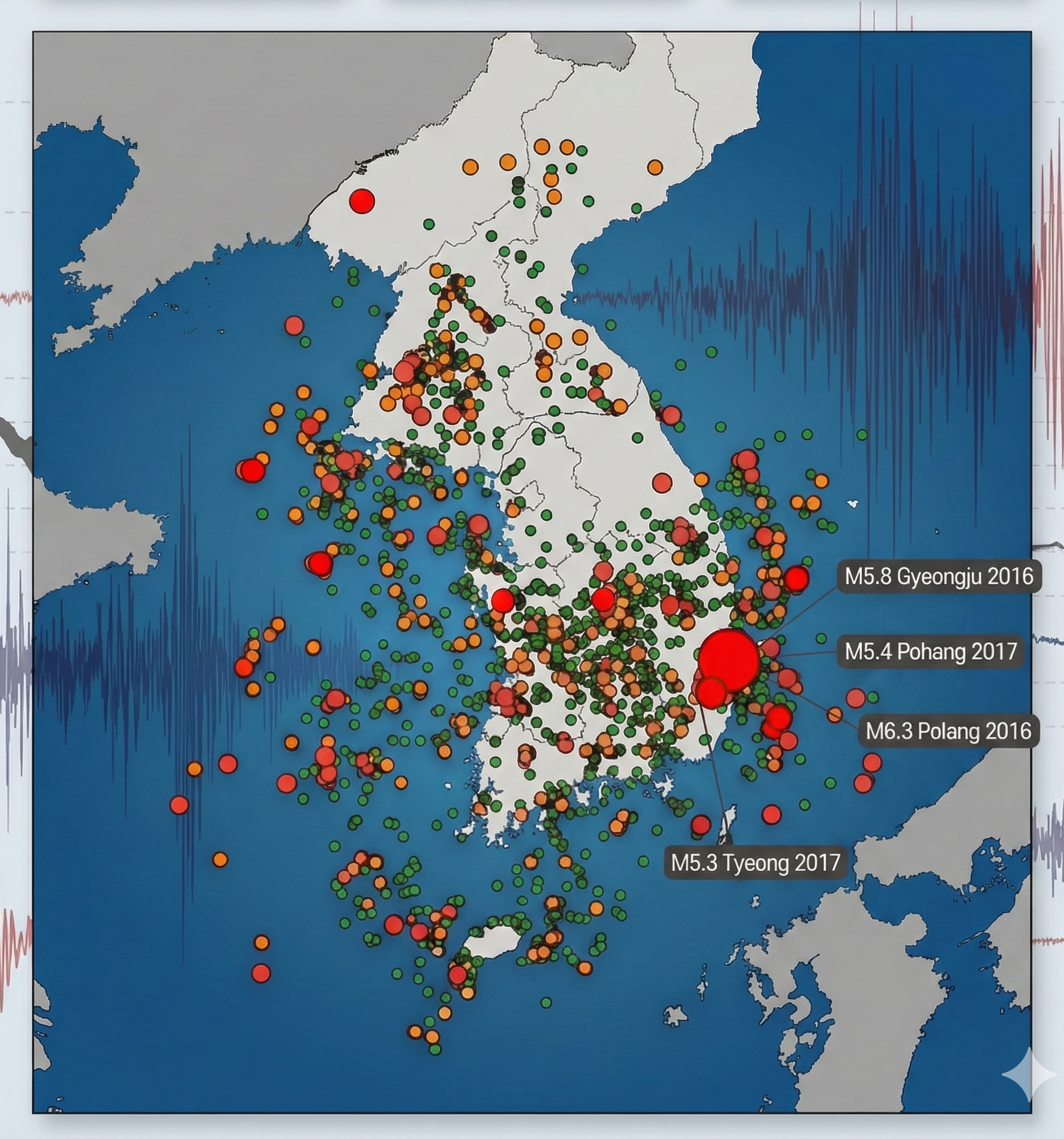 국내 지진 발생 분포도 (1978~2024)